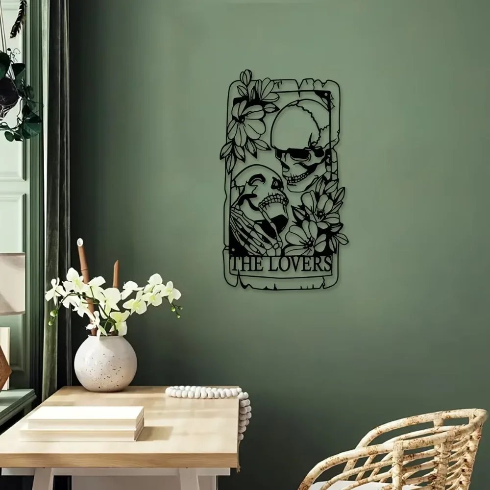 Arte de pared de pareja de calaveras góticas de metal bohemio, mural de hierro para uso interior y exterior, decoración de patio y balcón del hogar