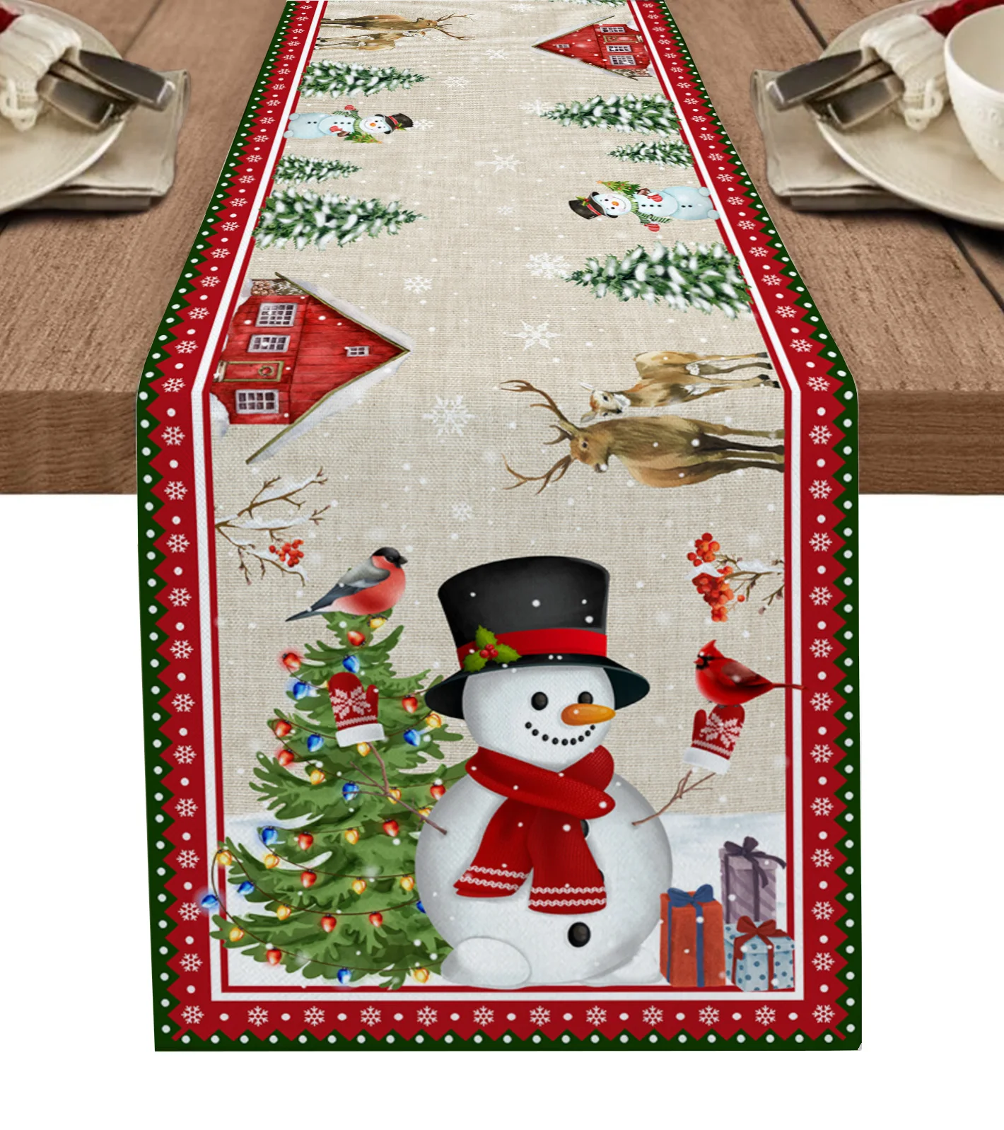 Christmas Style Decoration Snowman Snowflake Dining Table Runner Washable Table Runner For Dining Christmas Tablecloth For Table