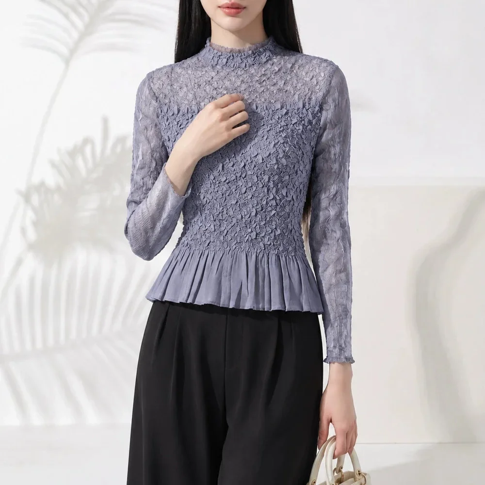 Miyake Women Mesh Spliced Crinkle Peplum Top, Mock Neck Long Sleeve Slim Fit Sheer Textured Elegant Blouse