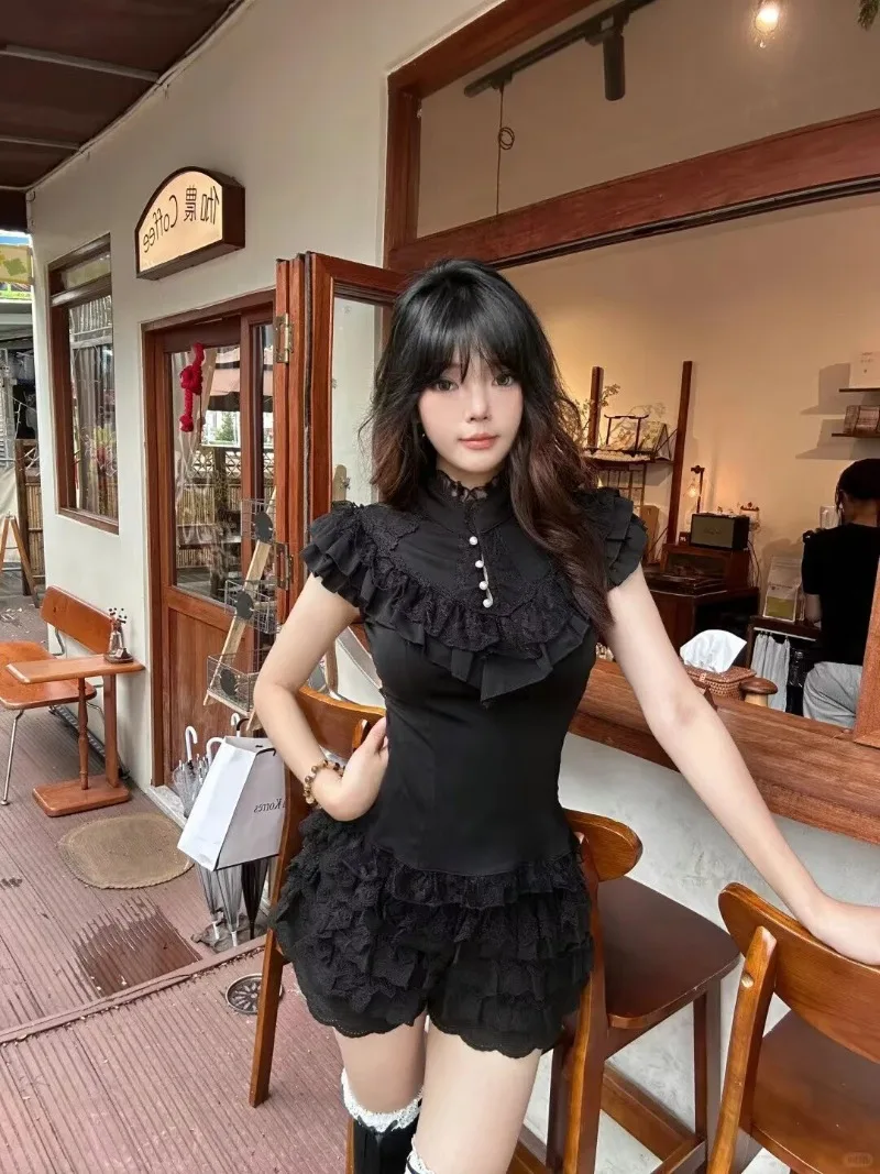Japanese Vintage Black Lace Short Sleeved Tops+cake Skirts Set Two Piece Sets Womens Outifits Summer New Retro Clothes Woman