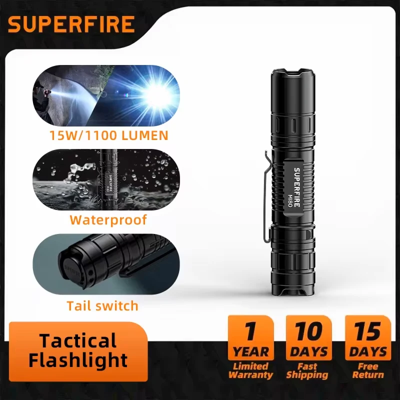 SUPERFIRE MI80-S 15W EDC Bright Led Flashlight 18650 Battery 1100LM Torch Portable Camping Fishing Lantern Tactical flashlight