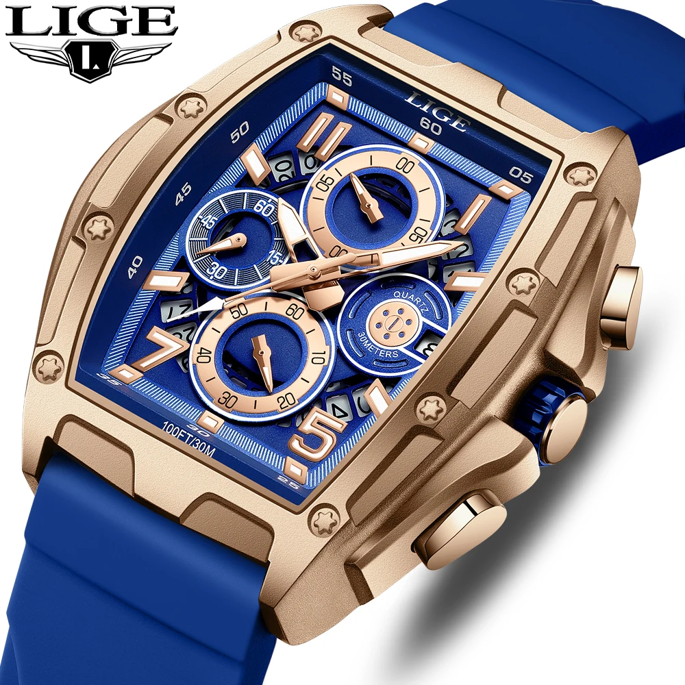 

LIGE Big Men Watches Luxury Casual Sport Watch Top Brand Creative Chronograph Silicone Strap Date Luminous Waterproof Clock Gift