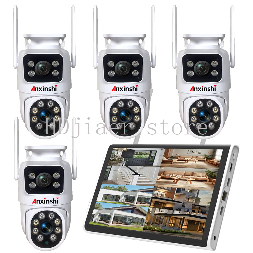 Wireless 8MP Dual Lens PTZ Security Camera Set, WiFi NVR Home Outdoor Indoor CCTV Monitoring Kit