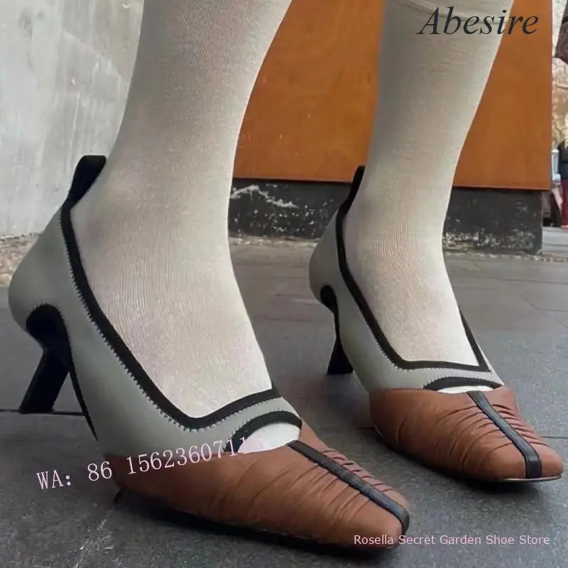New Stiletto Heel Hollow Design Color Matching Pleated Square Toe Shallow Mouth Women\'s High Heel Single Shoes Mid Heel Retro