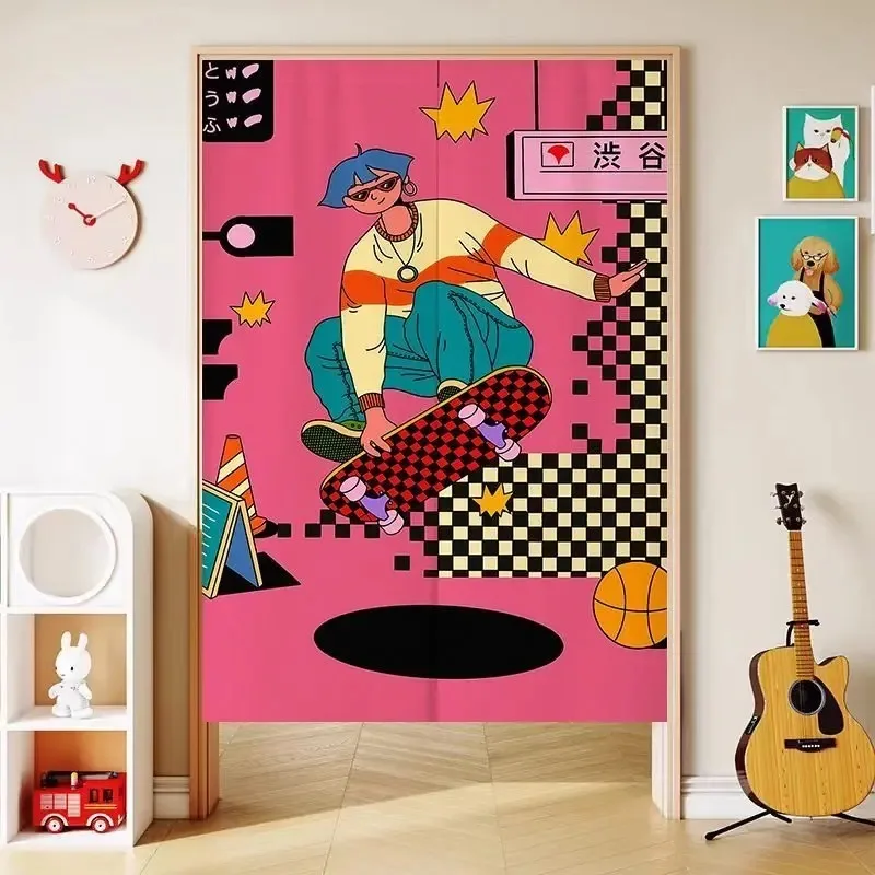 VIKAMA Street Skateboard Print Half-Length Curtain, Retro Comic Curtain, No-Drill Fabric Privacy Curtain, Bedroom Home Decor