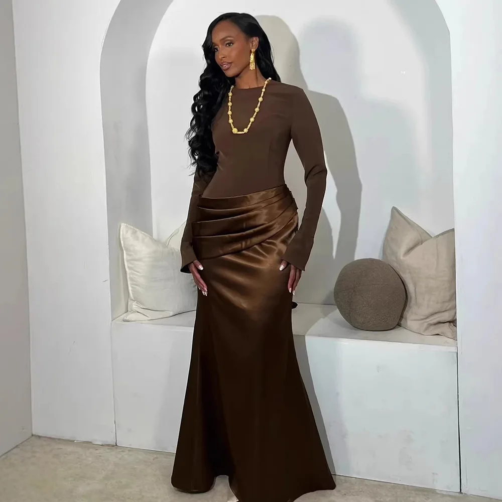 Elegante maxi-jurk met sjaalhals en lange mouwen Moslim dames ruchespaneel slim fit zeemeerminjurk satijnen formele avondfeestjurk