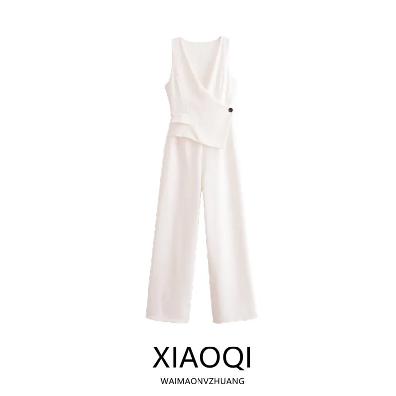 Асимметричный жилет, плиссированные цельные брюки, Новое поступление лета, женские модные длинные брюки из полиэстера, комбинезон миди