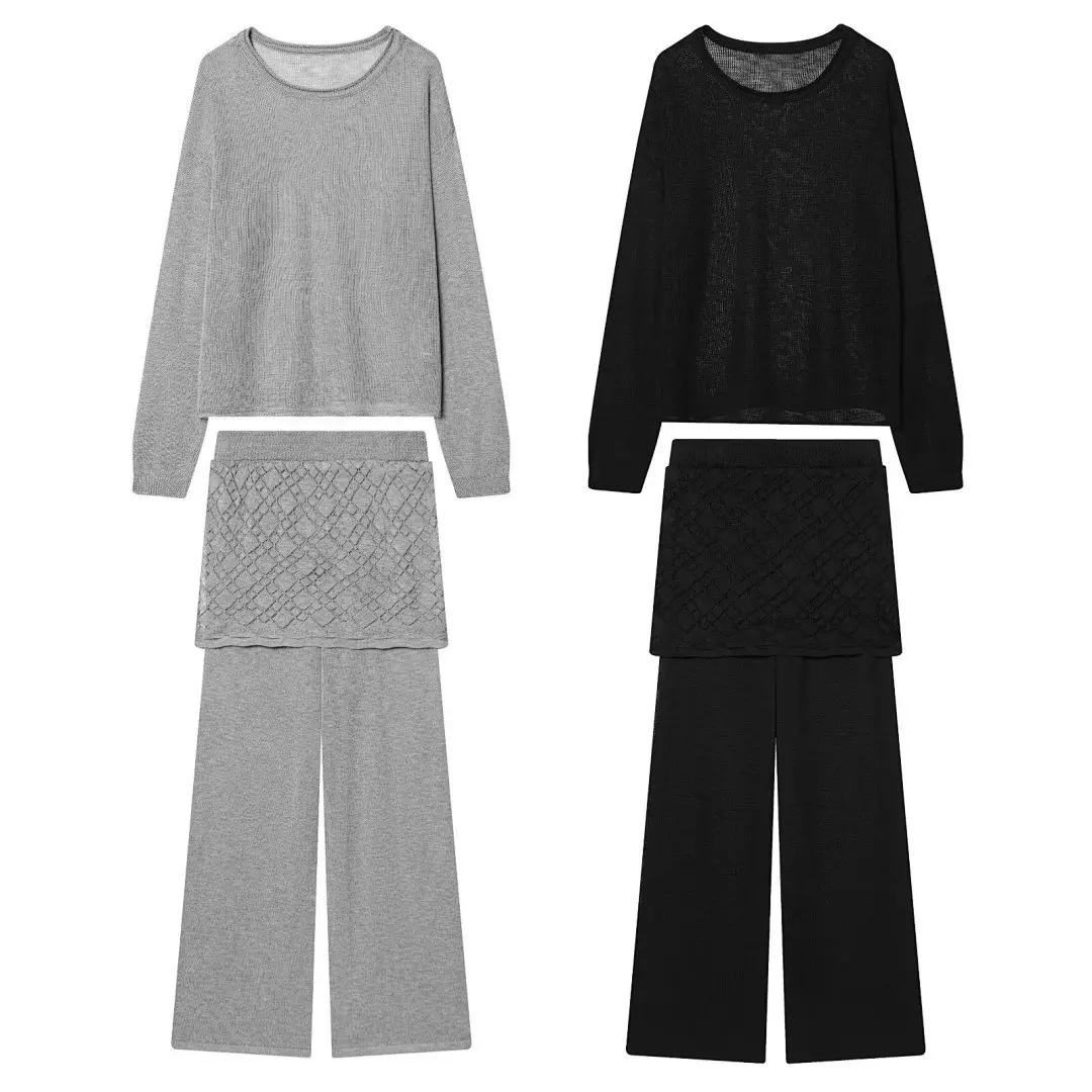 

Maxdutti Woman Clothing Minimalist French Asymmetric Lace Embroideried Sweaters Pants Culotte Women's Matching Sets 2 Piece Set