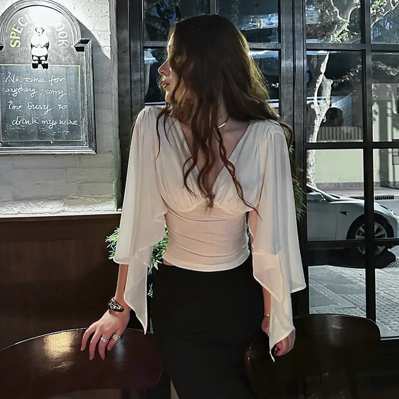 Solid Knitted Top Women Deep V Neck Split Cuff Sleeve Splicing Design Summer Sexy Clubwear Tops