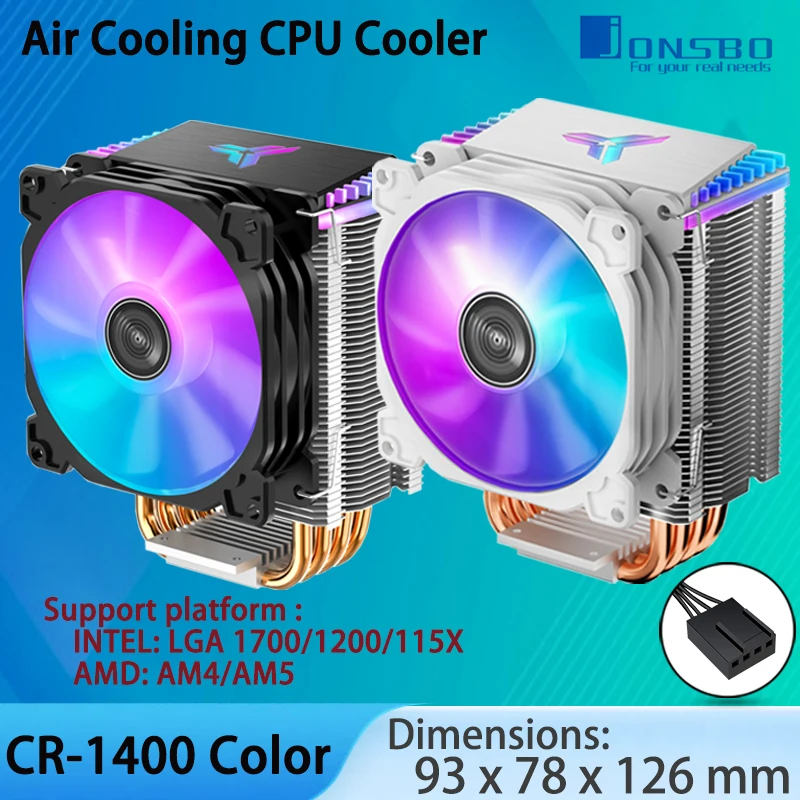 JONSBO CR1400 COLOR CPU Cooler, 92mm PWM Fan CPU Cooler, 4 Heat Pipe High 126mm  Air Cooler Tower Radiator for Intel LGA1700 AM5