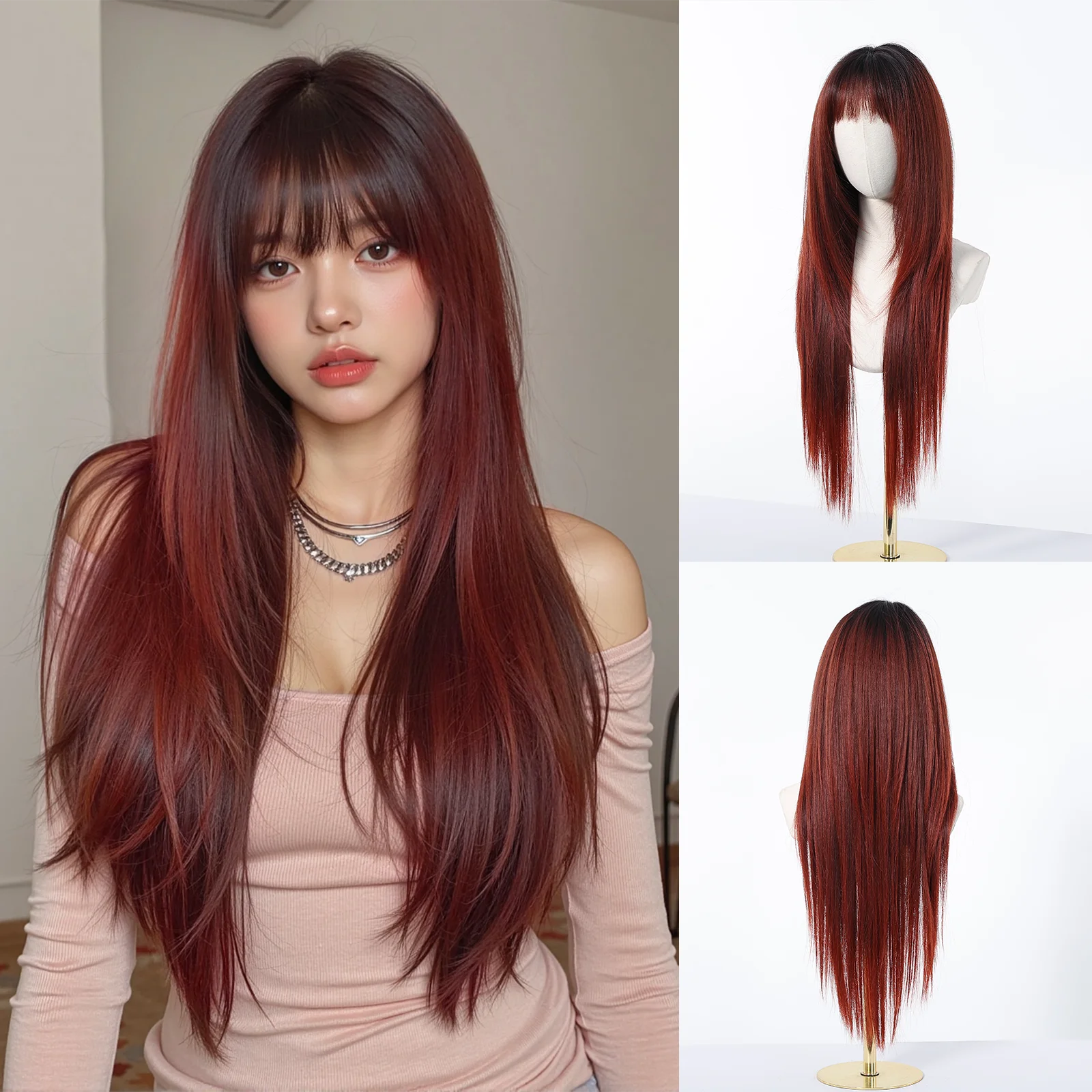 

Бордовый винно-красный многослойный синтетический парик с челкой, супер длинный прямой парик для женщин, косплей, натуральный, повседневный, термостойкий