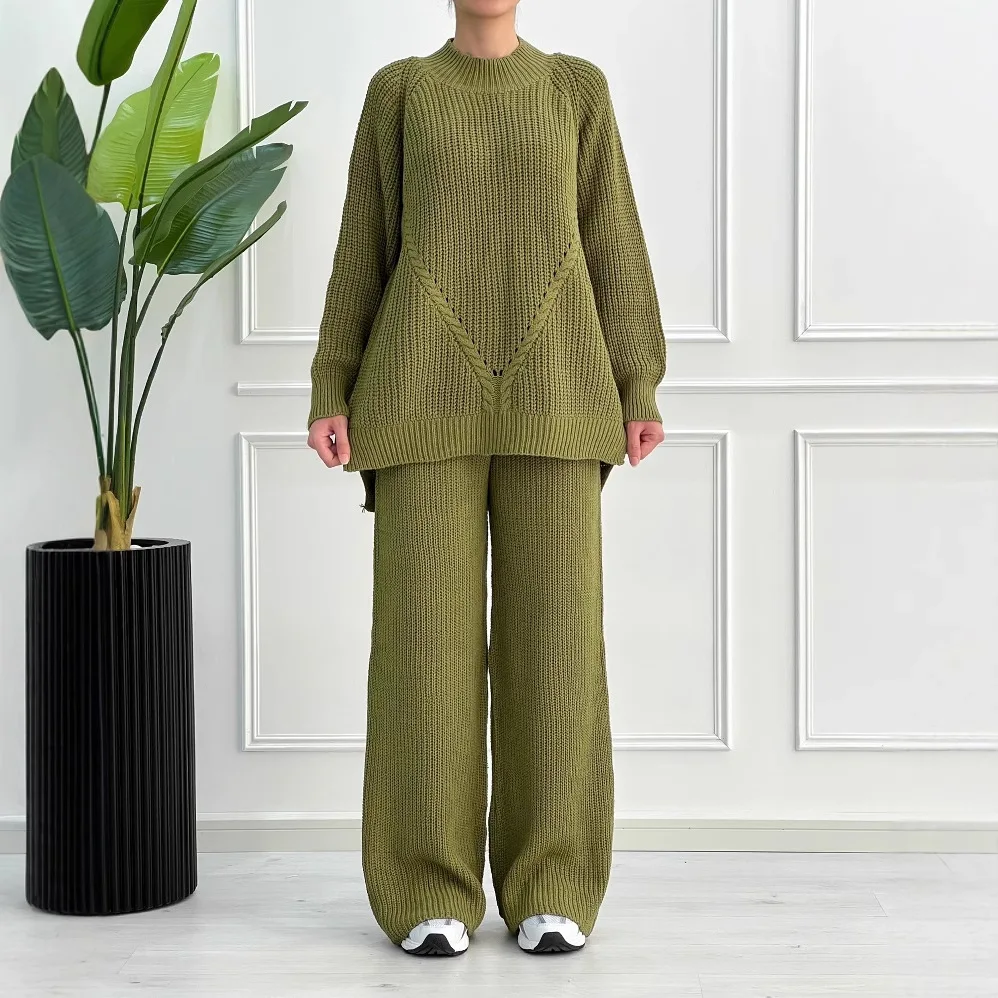 Autumn Winter 2 Pieces Women Sets Knitted Tracksuit Turtleneck Sweater and Straight Jogging Pants Suits