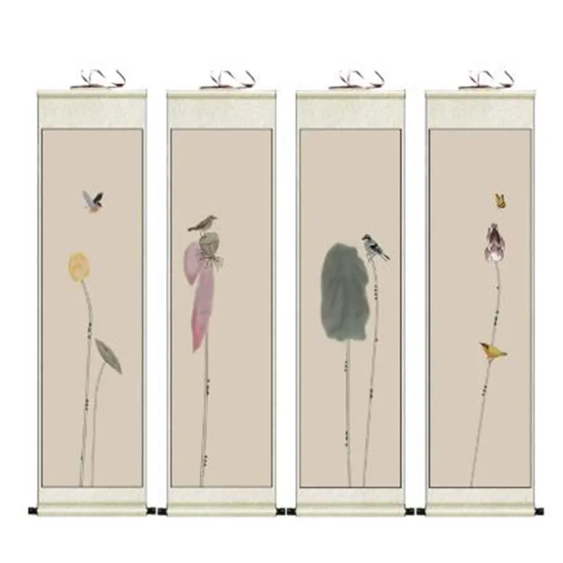4 Panel Chinese Scroll Painting Xuan Paper Birds on a Branch Wall Art Home Decor Traditional Flower Bird Painting Hanging Scroll