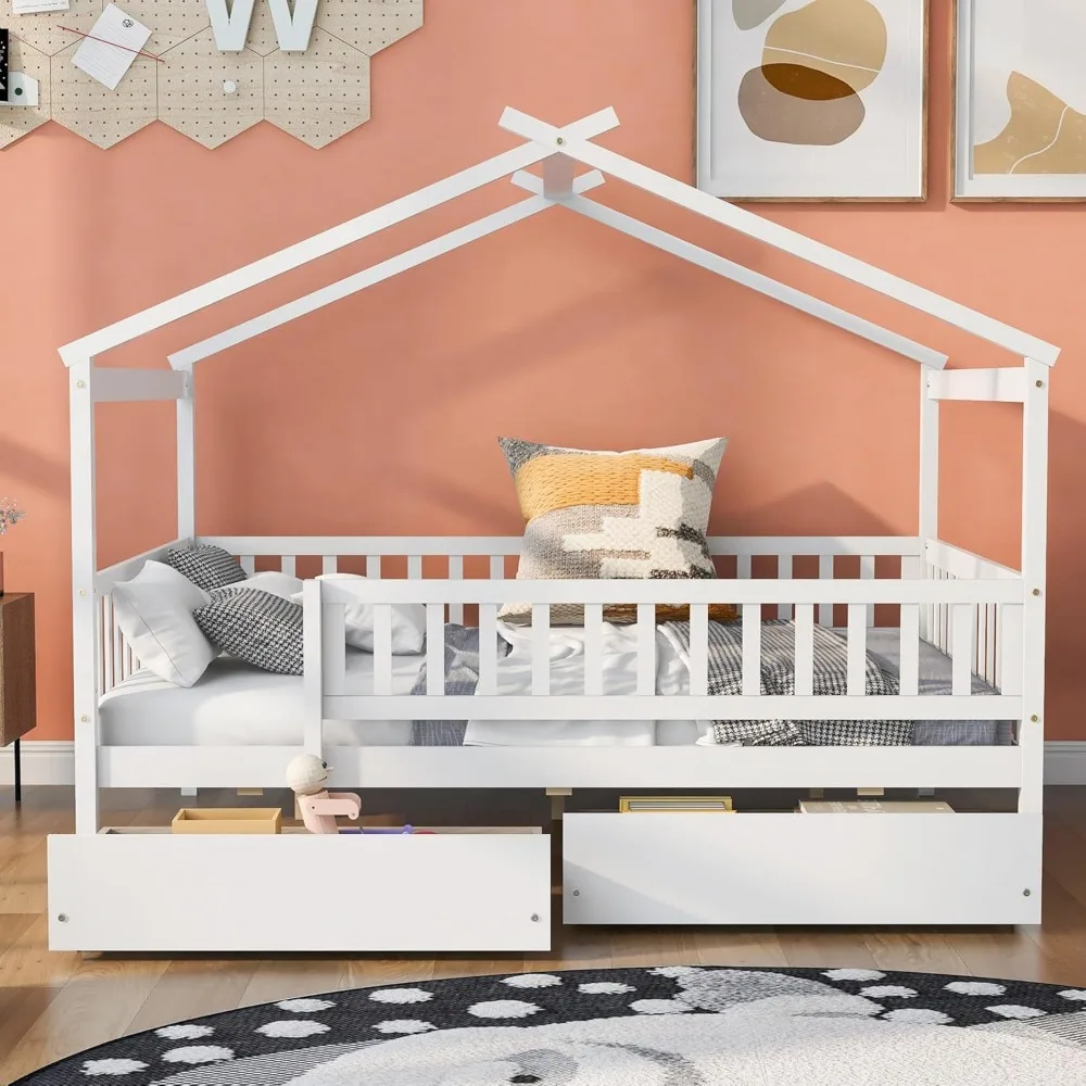 White Wooden Full-Size Children's Bed with Storage Drawers and Side Rails