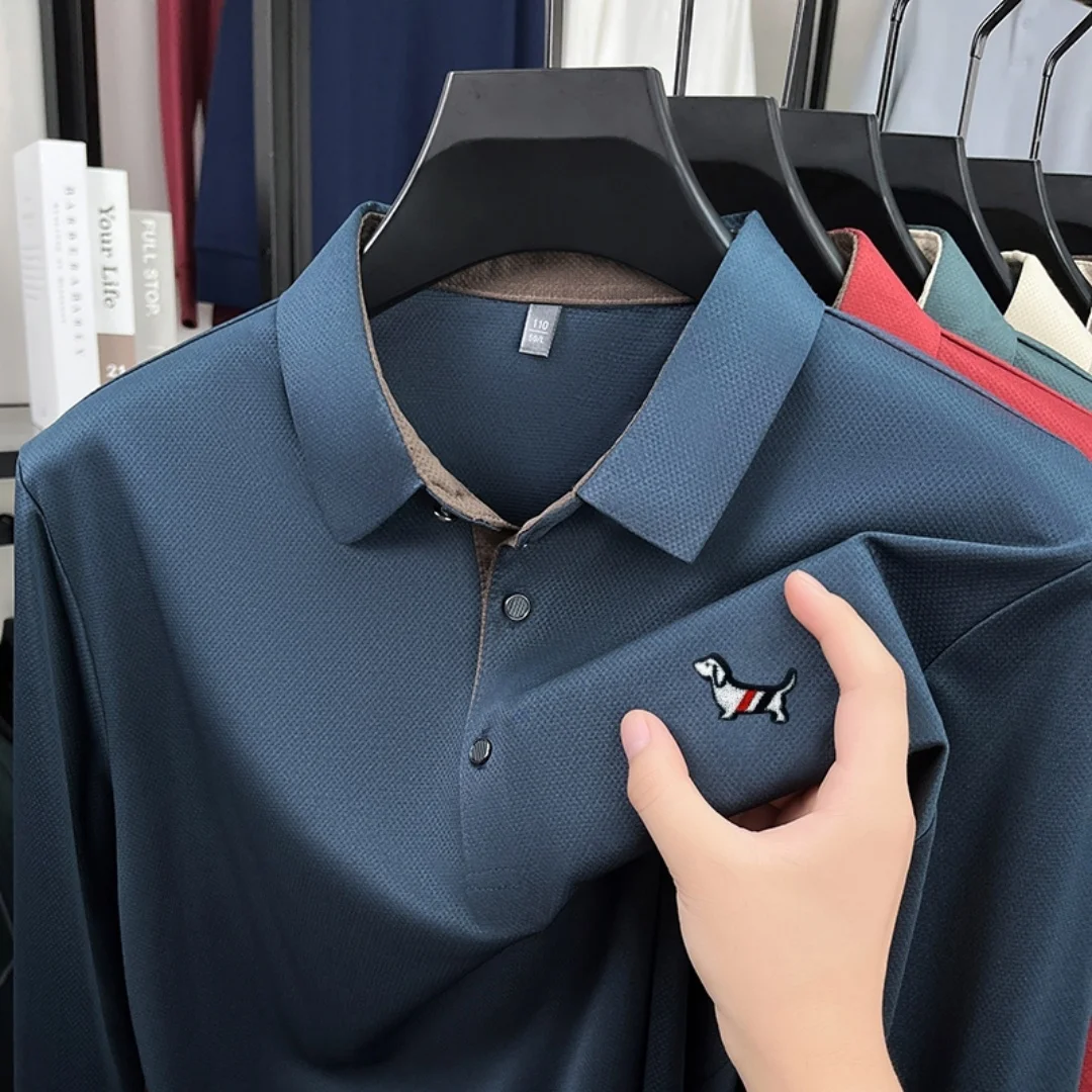 

Brand Luxury Men's Polo Shirt Lapel Placket Splicing Long-sleeve Dog Embroidery T-shirt Autumn Business Fashion Trend Menswear