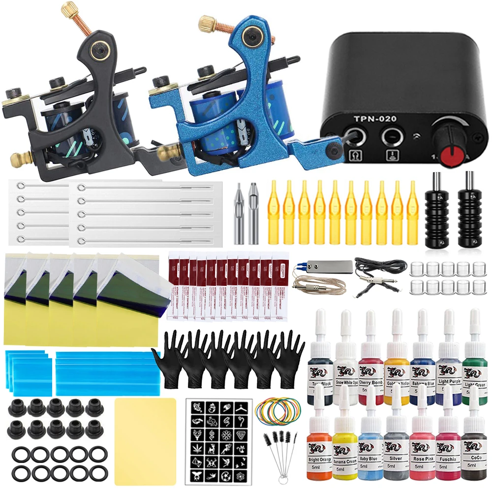 

Beginner Complete Tattoo Kit Coils Tattoo Machine Gun Ink Set Power Supply Grips Body Art Tools Set Permanent Makeup Tattoo Set