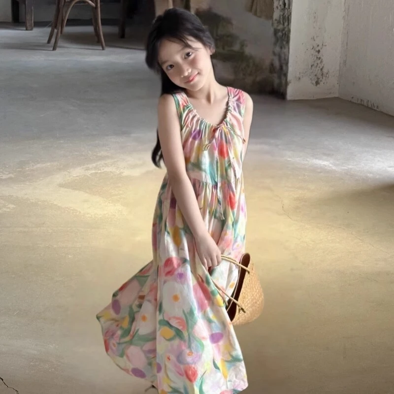 

Vest dress2026Summer long dress for older girls in oil painting style with large floral patterns, suitable for summer vacations