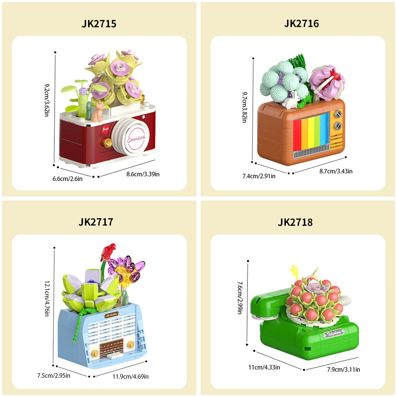Blok bangunan partikel kecil kreatif, radio TV, blok bangunan sukulen kamera telepon bunga