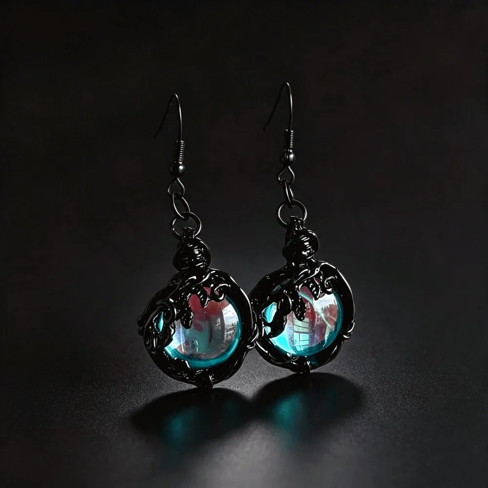Gothic Black Vine Dangle Earrings for Women Teal Iridescent Round Glass Gem Drop Earrings Vintage Witchy Dark Aesthetic Jewelry