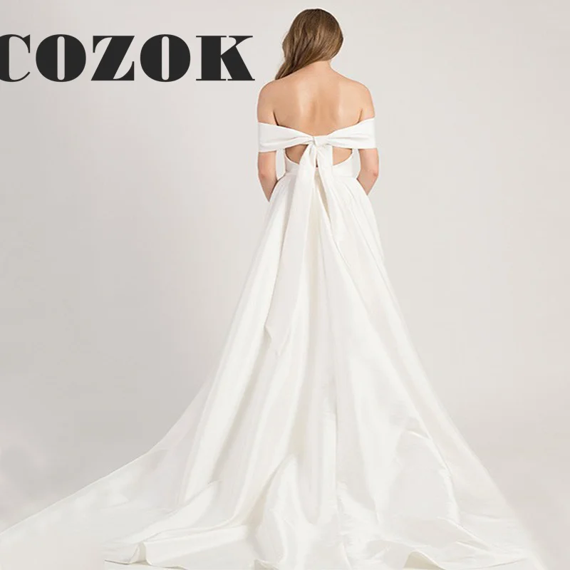 Elagant barco pescoço cetim vestidos de casamento simples plissado sem encosto até o chão uma linha vestido de noiva robe de mariée personalizado s72y