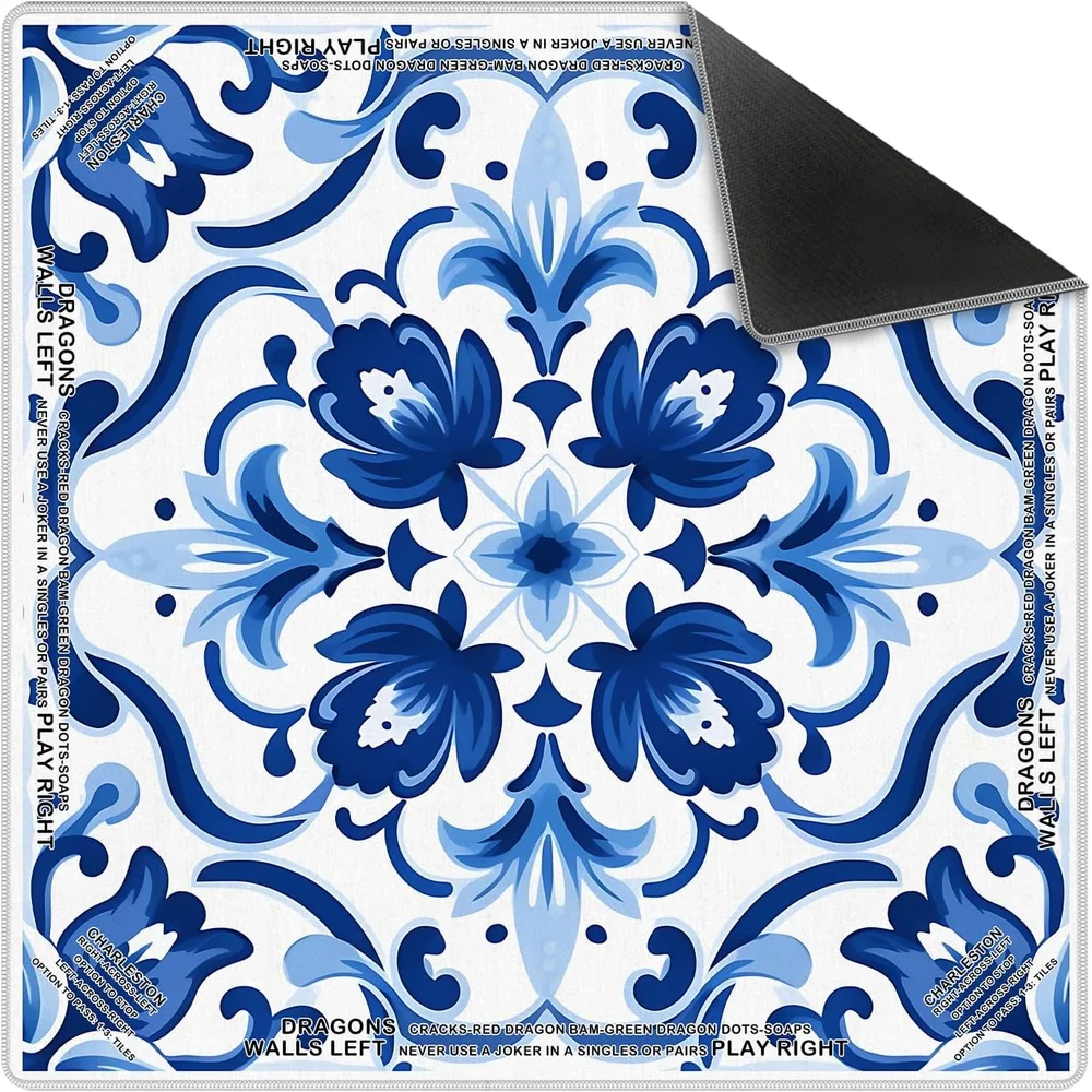 Luxury 3mm Neoprene Mahjong Mat 31.5 Inch Blue Azulejo Mediterranean Floral Non-slip Noise Reduction for Card Games