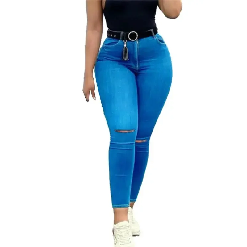 Women Knee Broken Holes Pencil Jeans High Waist Slim Fit Stretch Denim Pants Female Comfortable Office Commuter Casual Trousers