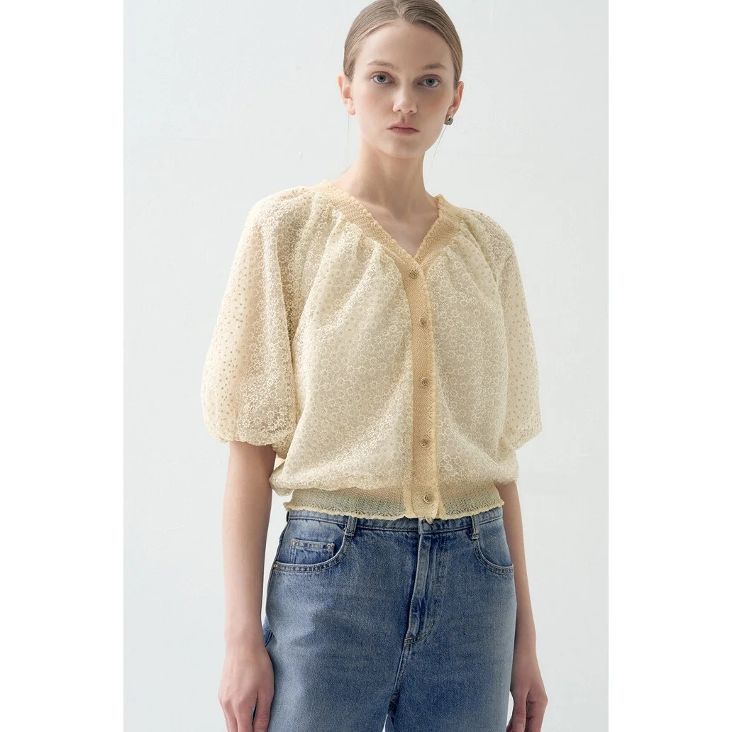 

Elegant V-Neck Embroidered Lace Open Cardigan Slimming Top Floral Design Gentle Atmosphere Commute Style Women's Shirt