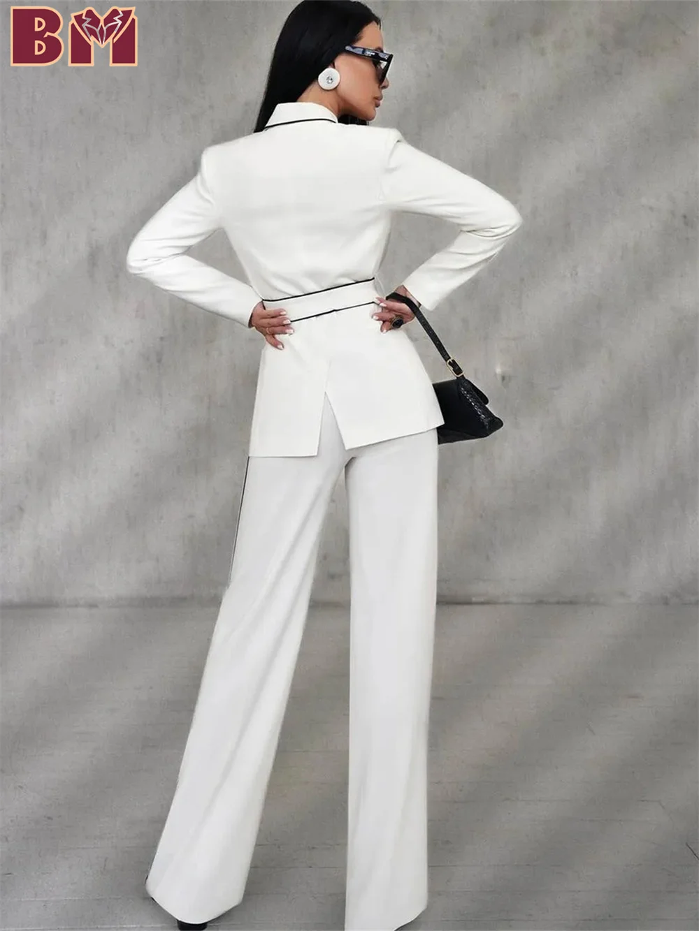 Charming White Women's Suit Set Stylish Jacket Pants with Belt Elegant Wedding Tuxedo Special Occasion Prom Dress