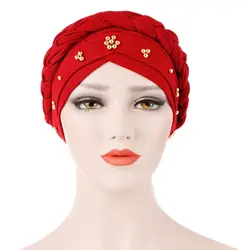 India Women Hijabs Elastic Plain Hijabs Cap Braid Faux Pearl Decor Forehead Cross Islamic UnderScarf  Muslim Turban for Women