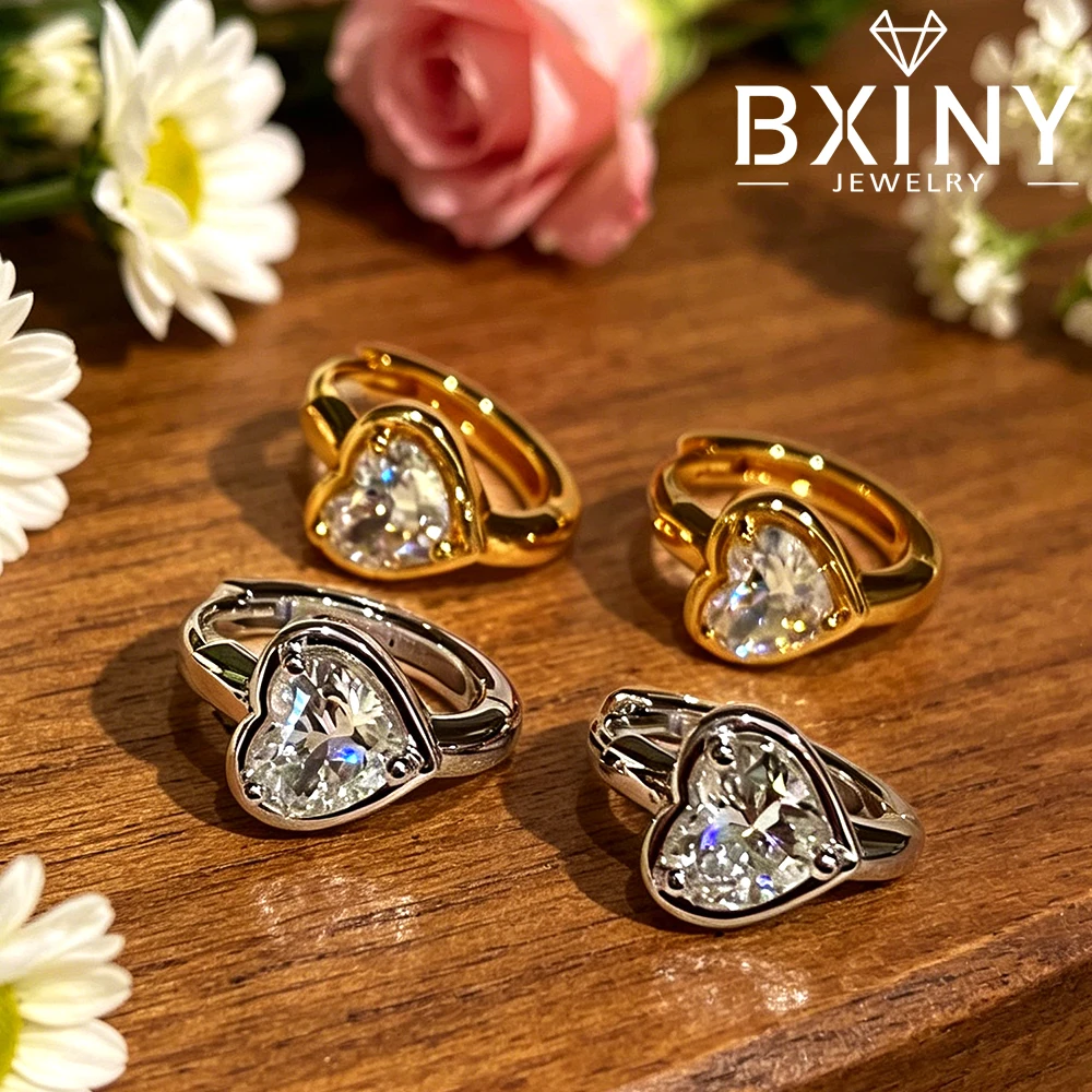 BXINY 100% S925 Silver Heart Shape Stud Earrings High Carbon Diamond Ear Buckle Sparkling Zircon Earrings for Women Gift Jewelry