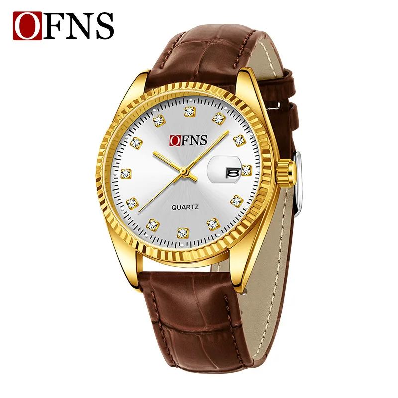 Fashion Ofns Brand Men's Cross-border Diamond Business Leisure Simple Quartz Watch Enlarged Calendar Sun Pattern Leather Watch