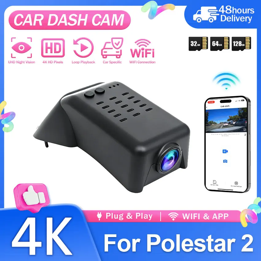For Volvo Polestar 2 2020~2023 2024 2025 2026 4K Dash Cam Front and Rear Car DVR Camera Plug and Play Wifi Video Recorder