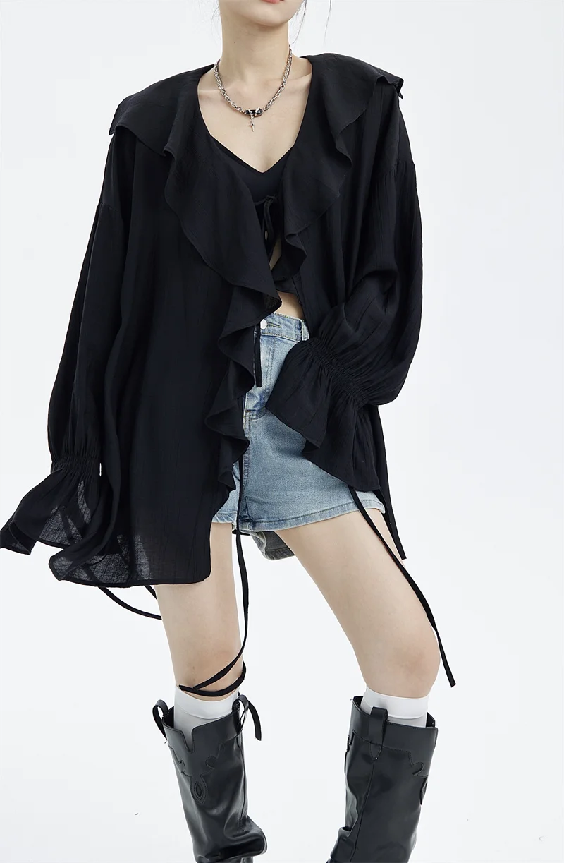 

Lightweight Loose Women's Sun Protection Shirt V-Neck Design Sensation Dark 2026 Large Leaf Tie Drapey Black Shirt
