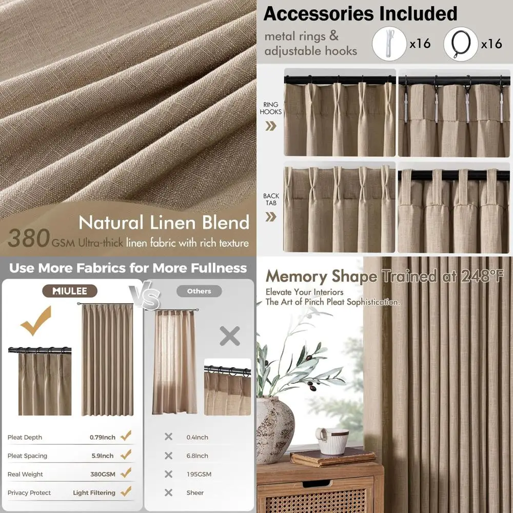 

Thick Linen Pleated Curtains, 90 Length, 2-Panel Set, Brown, Light Filtering for Living Room & Bedroom