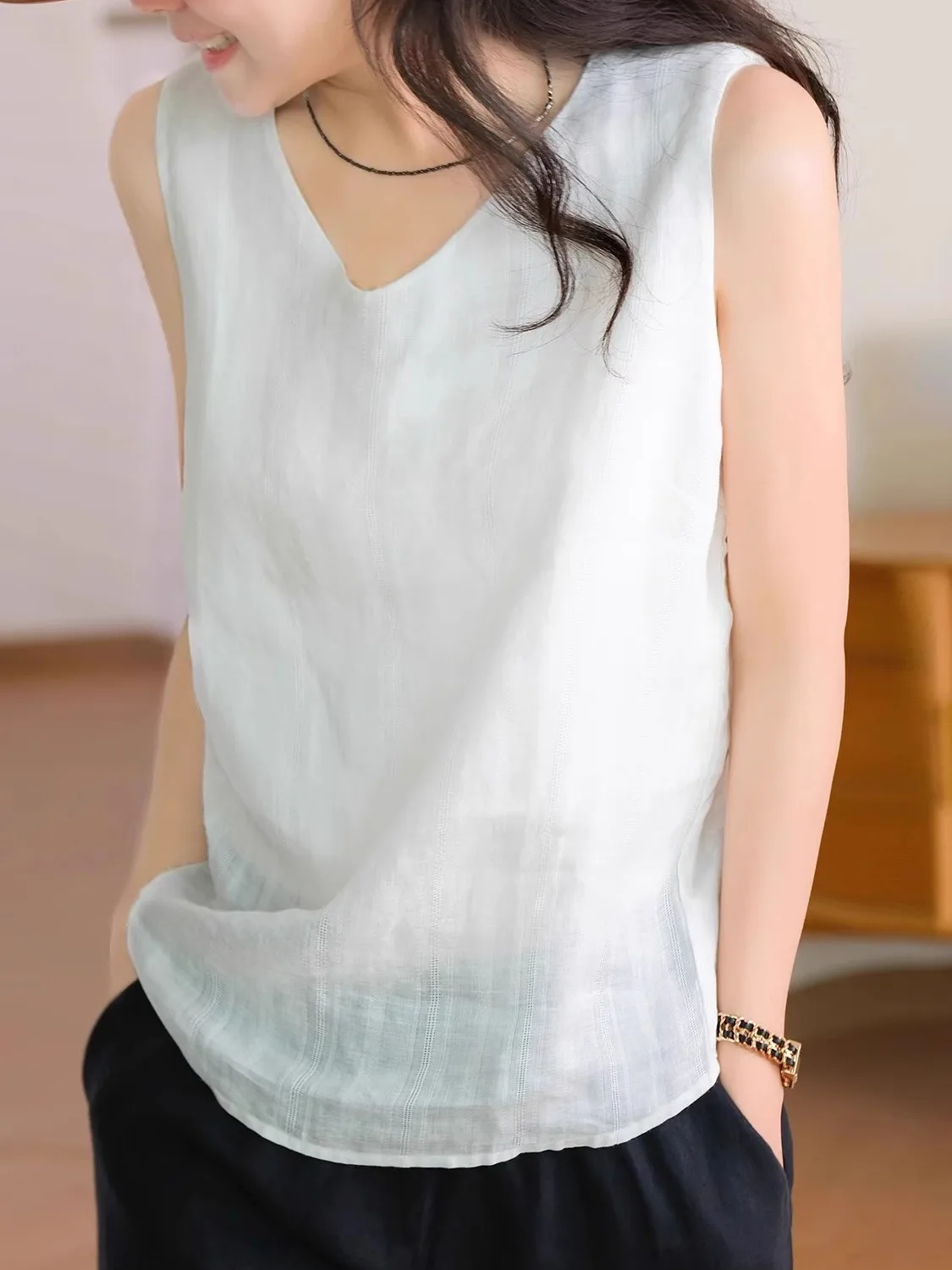 Comfortabel katoenen linnen V-Ne kleur T-shirt Casual veelzijdige afslankende Svel Vest Top voor dames zomer 2025,