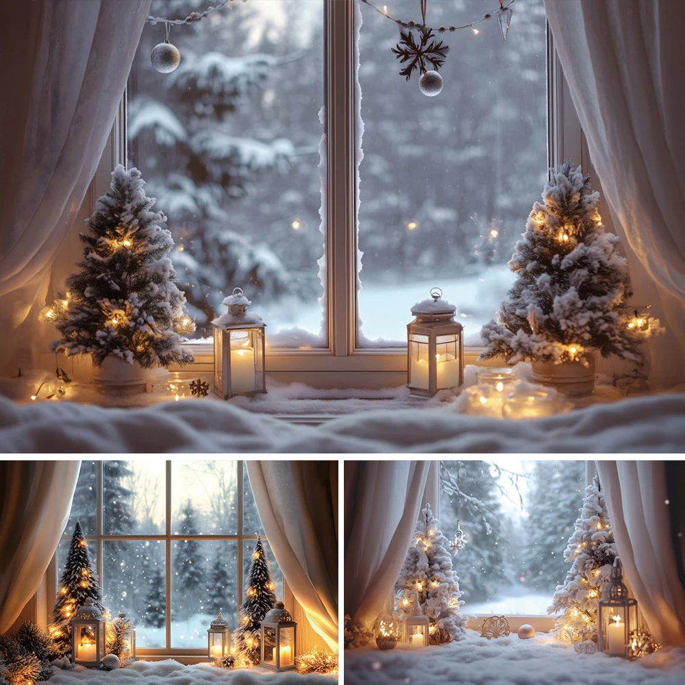 Lilin pohon Natal latar belakang fotografi Natal, properti bilik foto keluarga anak-anak, lilin pohon Natal musim dingin, adegan ambang jendela Natal
