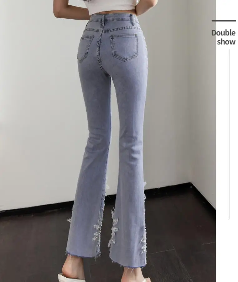 Heavy Industry Embroidered Beaded Flared Jeans Women Spring Fashion Slim High Waist Hem Slit Denim Pants f68