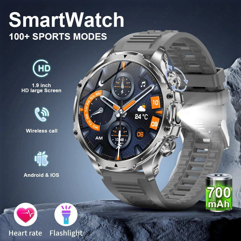 

LIGE Men Outdoors Sports Smart Watch AK75 Flashlight 700mah Large Battery Bluetooth Calling LED Light Fitness Tracker Smartwatch