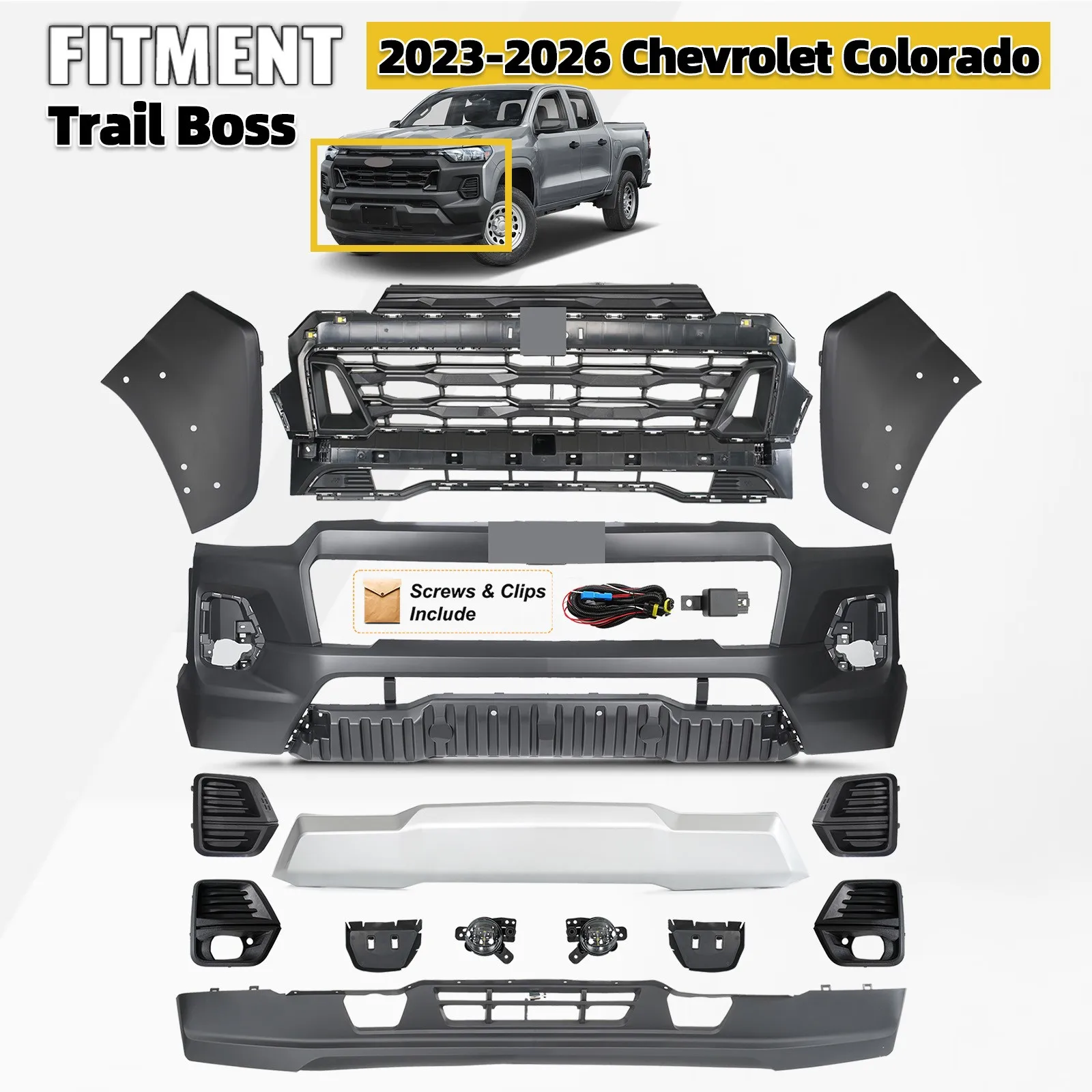 

Front Bumper Cover Grille Assembly For 2023-2026 Chevy Colorado Trail Boss W/Fog
