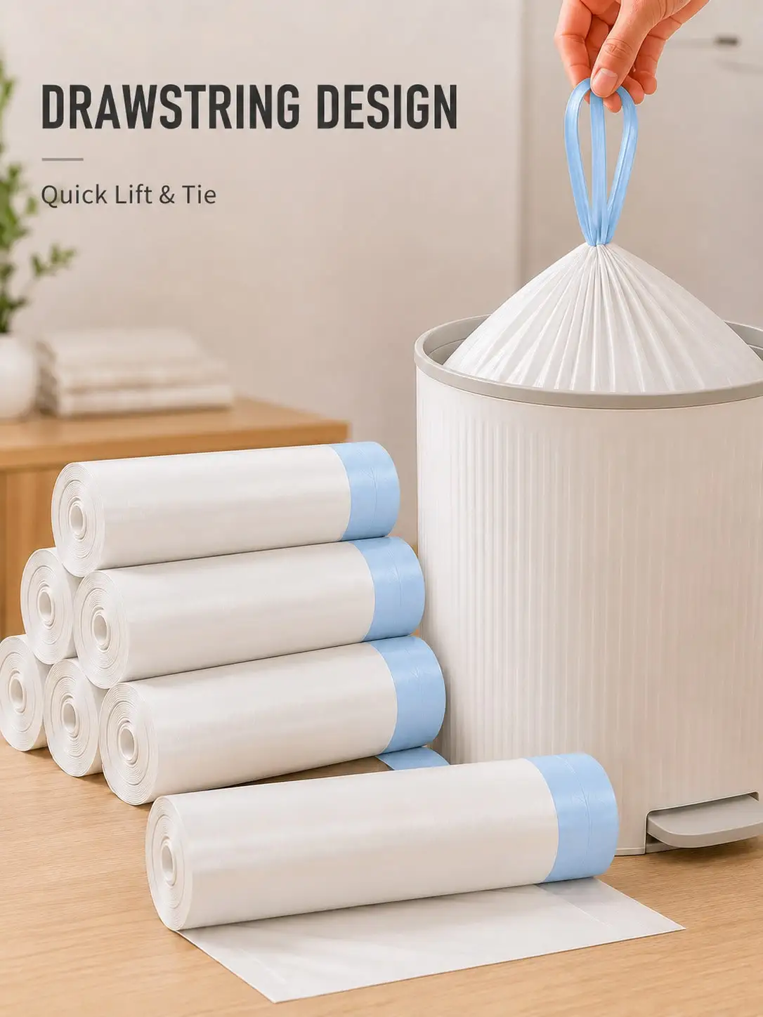 50-100pcs Scented No Tearing Needed White Trash Bags With Blue Drawstrings, 4–5 Gallon Garbage Liners, Heavy Duty Leak-Resistant Strong Durable Kitchen Bathroom Household Waste Bags, Easy Pull Tight Seal Bin Liners SH260810135284849132865