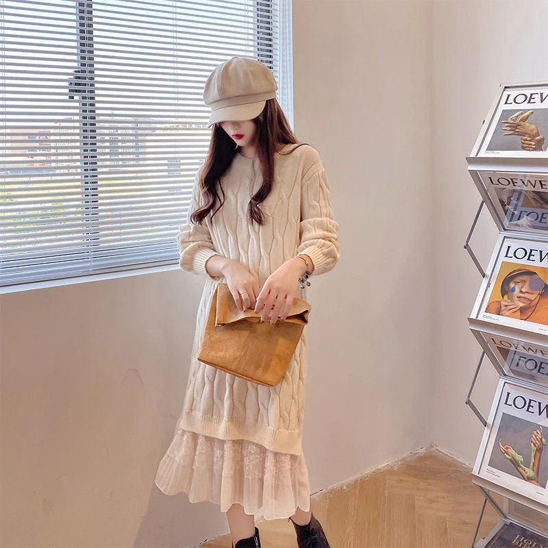 Vestido de punto para mujer, tendencia informal rosa, esencial, fresco, cómodo, ofertas de venta de liquidación, vestidos coreanos de ganchillo para mujer empalmado