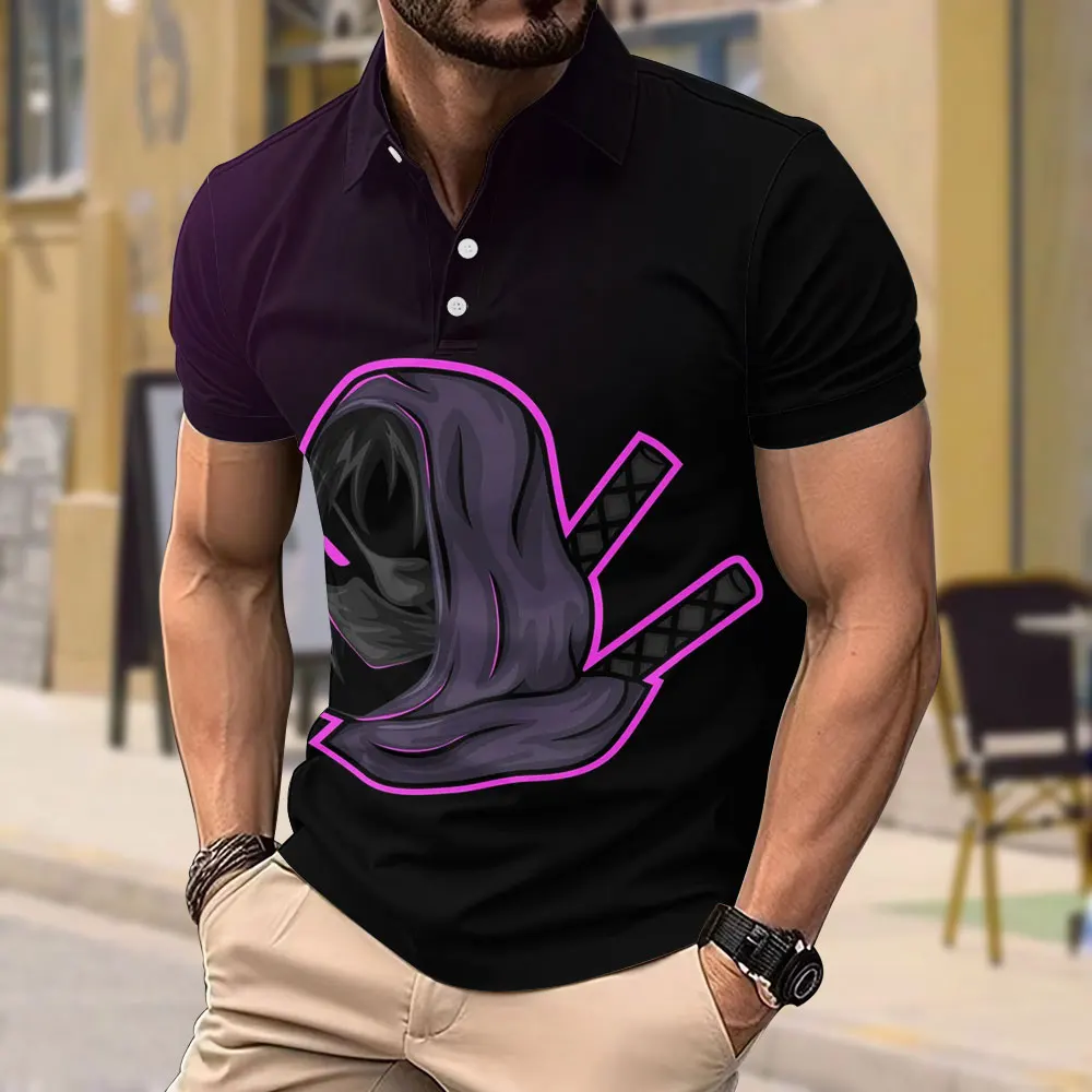 Cartoon Ninja 3d Printing Fashion Casual Men's Lapel Polo Shirt New Style Polyester Slightly Stretch Short Sleeve Top Pullover