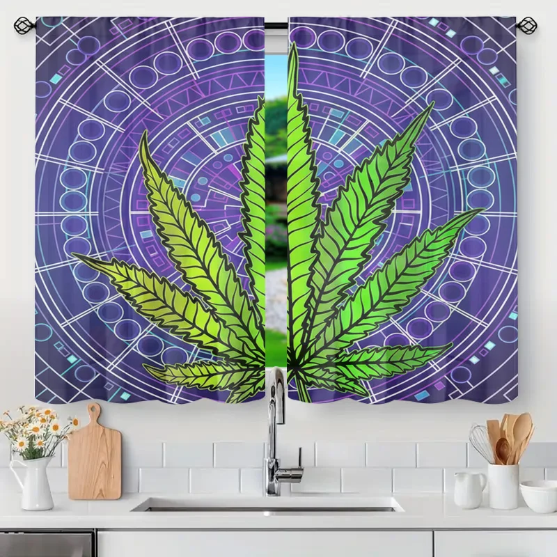 Abstract Cosmic Chakra Leaf Pattern Curtains Window Dressing Panel Purple Green Psychedelic Cannabis Home Accent Curtain