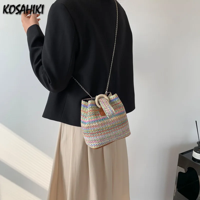 Rainbow Casual Elegant Y2k Women Handbags Fashion Simple Contrast Color Shoulder Bag Trendy Sweet Crochet Crossbody Bags Korean