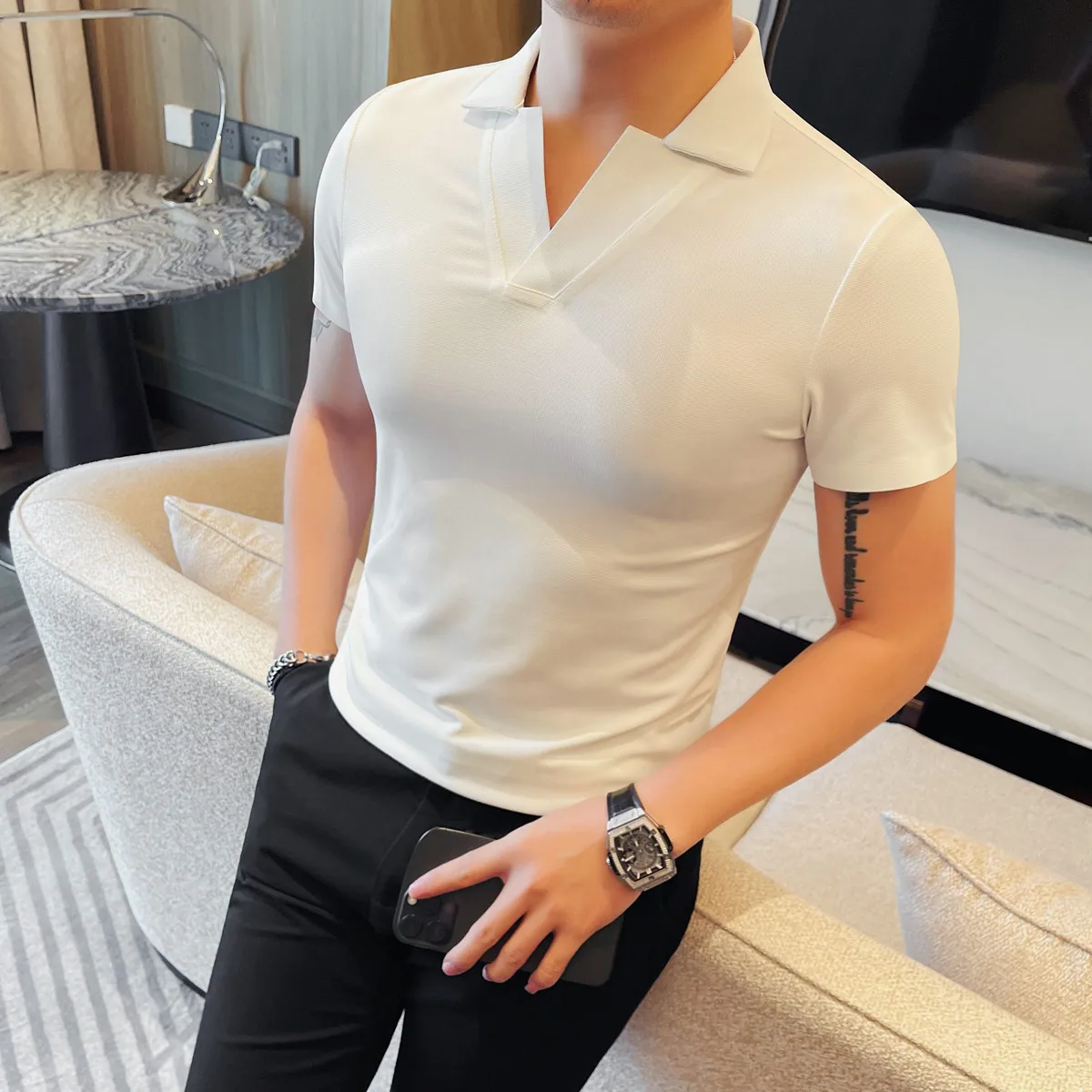 High Quality Summer Ice Silk Polo Shirt  Men Short Sleeved Comfortable Cool Casual T-shirt V-neck Business Social Polo Shirts