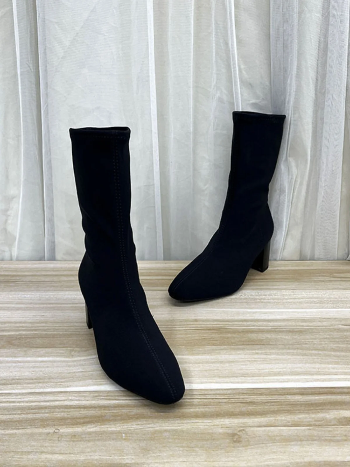 

Faionable Sexy Slim Fit Mid-Calf Boots Women's Ankle Strappy High Heels Slip-On Pointed Toe Thi Heel Spring Autumn Boots