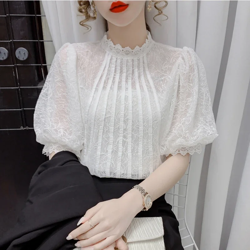 Women Summer Casual Blouses 2024 Elegant Korean Fashion Clothes Lace Shirts White Balck Ladies Vintage Puff Sleeve Tops Mujer