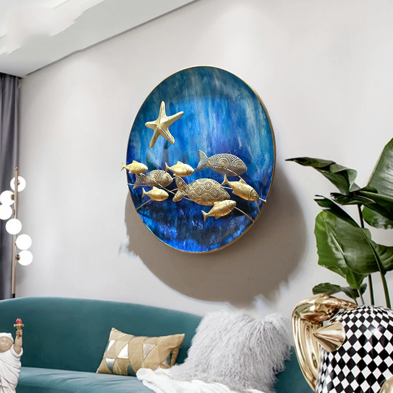 European Wrought Iron 3D Wall Hanging Sea Fish Group Art Home Livingroom Round Sticker Crafts Hotel Murals Decoration