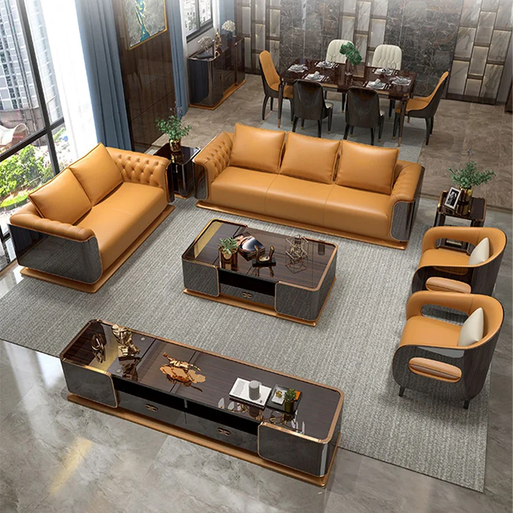 Modern chesterfield sofas Italian genuine high end leather section sofa set Home hotel living room furniture with coffee table