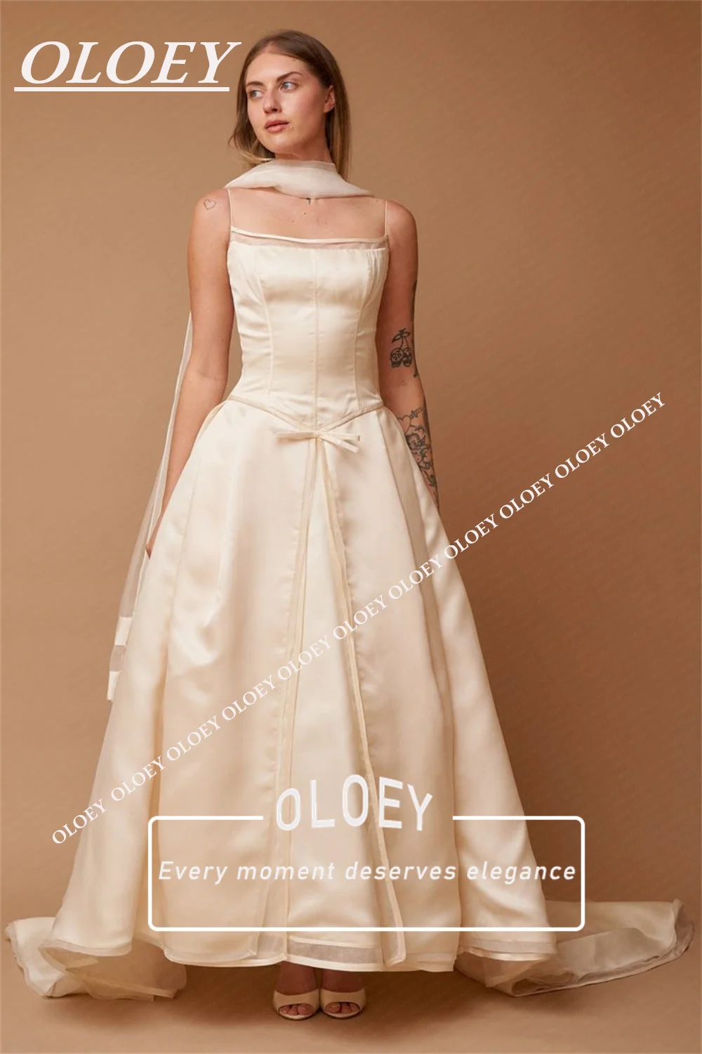 OLOEY Elegant Square Collar A-Line Wedding Dress With Scarf Soft Satin Sweep Tail Bridal Gown Customized Lace-up Robe De Mariage